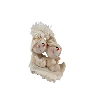 Vintage Wilcor Sno Kids On Sled Figurine 6" Decoration Snowman Knit Hats